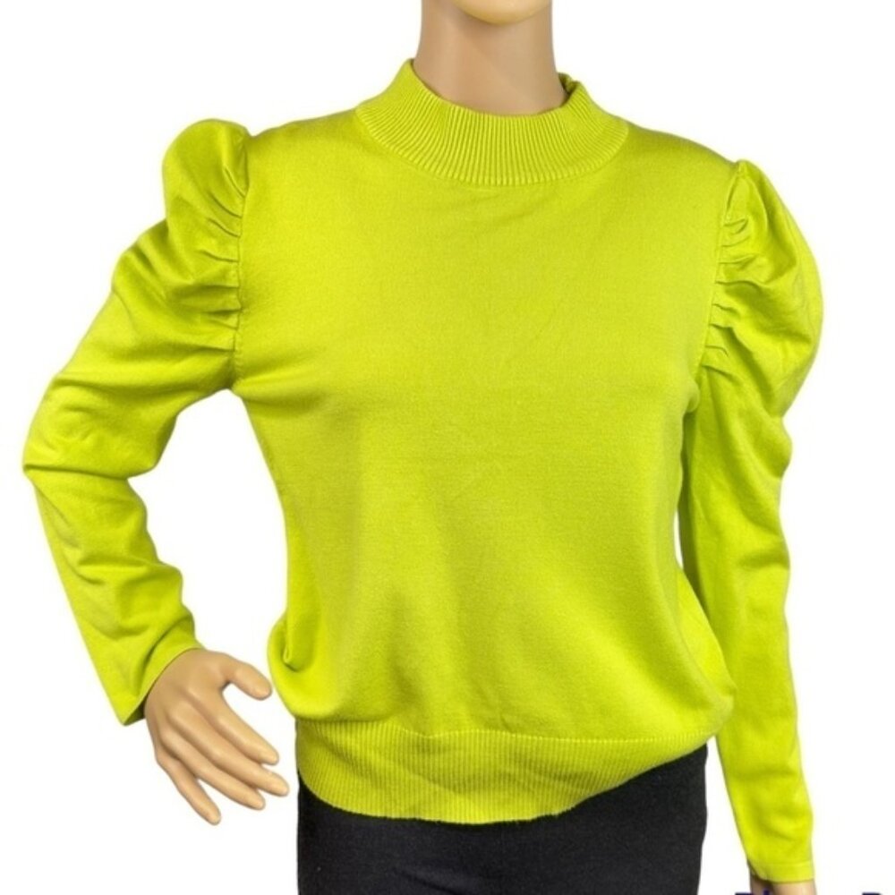 Cliché Lime Green Puff Sleeve Cotton Blend Knit High Neck Sweater Size M